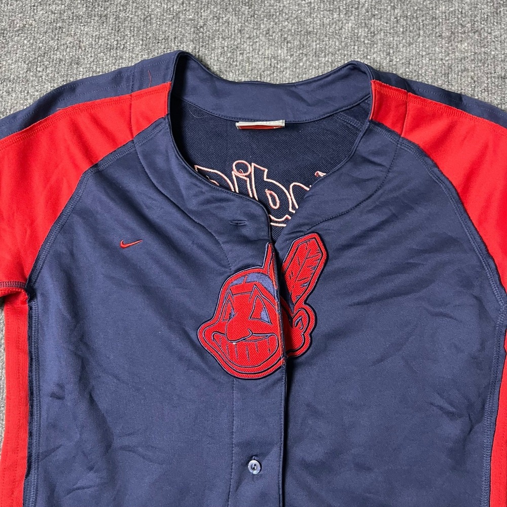 Nike Baseball Jersey Womens Size L Blue Cleveland Indians Chief Wahoo Button Up